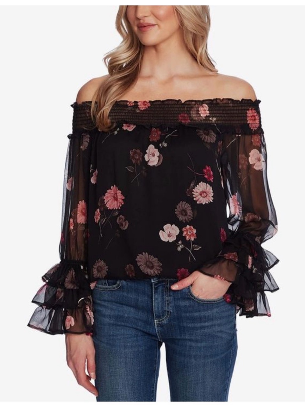 CeCe Black Sheer Off-Shoulder Blouse with Pink Floral Print